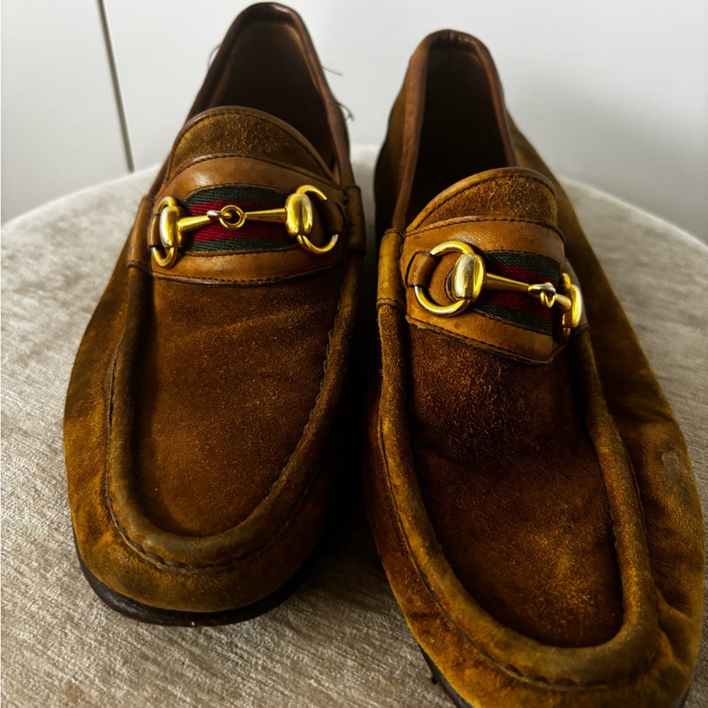 Gucci Tan Suede Loafers with Gold Hardware Vintage